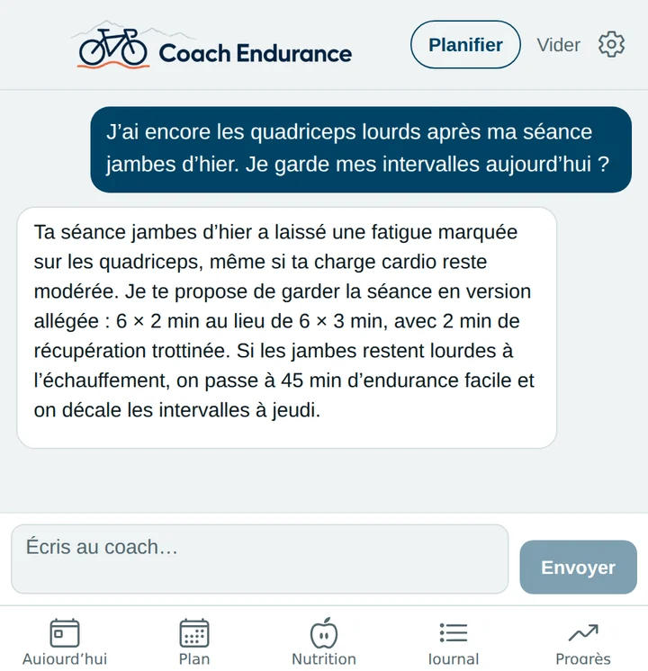 Coach Endurance : le coach propose d'alléger une séance d'intervalles après une séance jambes