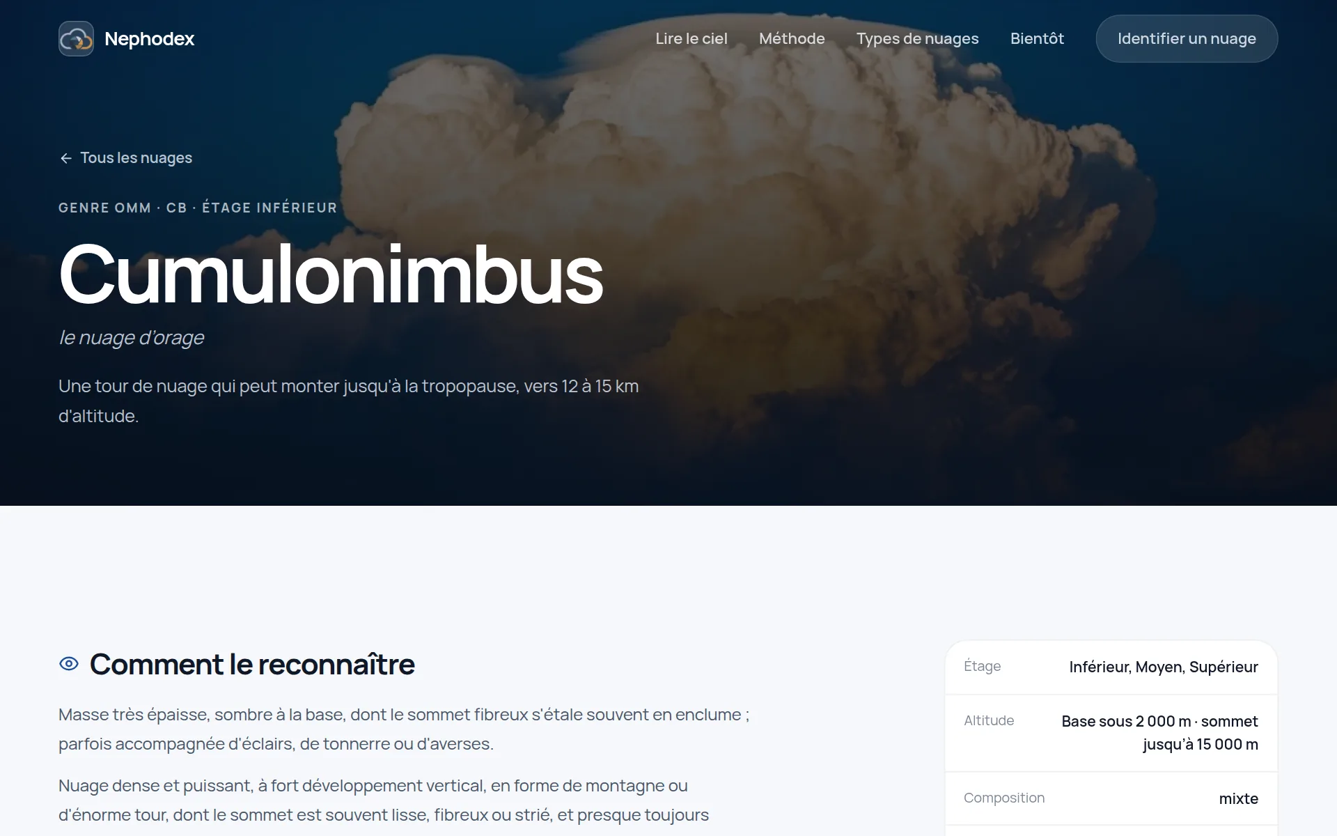 Fiche Nephodex du cumulonimbus : genre OMM, altitude, composition et description